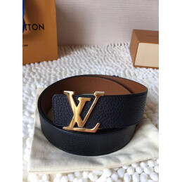Replica Louis Vuitton Black Grained Leather Gold LV Buckle Belt