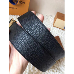 Replica Louis Vuitton Black Grained Leather Gold LV Buckle Belt