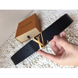 Replica Louis Vuitton Black Grained Leather Gold LV Buckle Belt