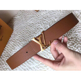 Replica Louis Vuitton Black Grained Leather Gold LV Buckle Belt
