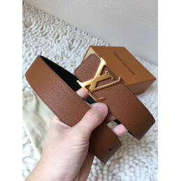 Replica Louis Vuitton Black Grained Leather Gold LV Buckle Belt