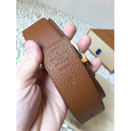 Replica Louis Vuitton Black Grained Leather Gold LV Buckle Belt