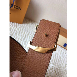 Replica Louis Vuitton Black Grained Leather Gold LV Buckle Belt