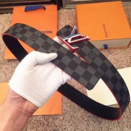 Replica Louis Vuitton Damier Graphite Red Accent LV Buckle Belt
