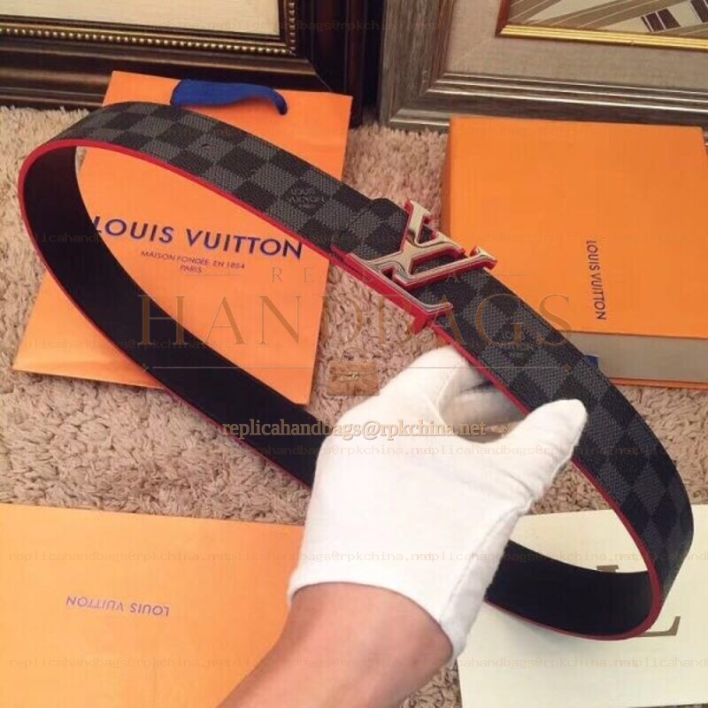 Replica Louis Vuitton Damier Graphite Red Accent LV Buckle Belt