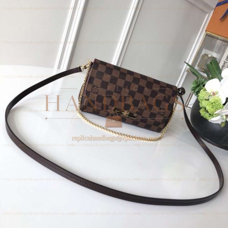 Replica Louis Vuitton Brown Damier Ebene Black Strap Favorite PM