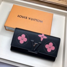 Replica Louis Vuitton Black Pink Flower Capucines Wallet