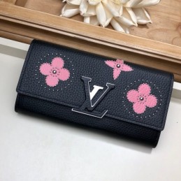 Replica Louis Vuitton Black Pink Flower Capucines Wallet