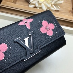 Replica Louis Vuitton Black Pink Flower Capucines Wallet