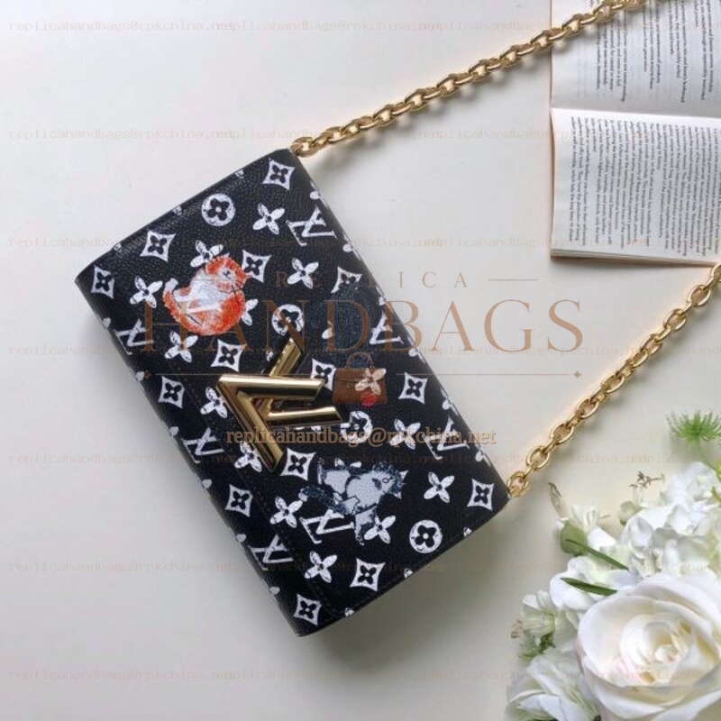 Replica Louis Vuitton Black White Monogram Character Twist Chain Wallet