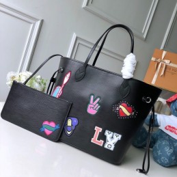 Replica Louis Vuitton Black Multicolor Patch Neverfull MM
