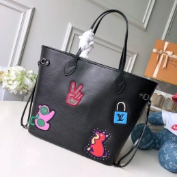 Replica Louis Vuitton Black Multicolor Patch Neverfull MM