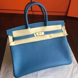 Replica Hermes Blue Beige Birkin 35 Palladium Hardware Bag