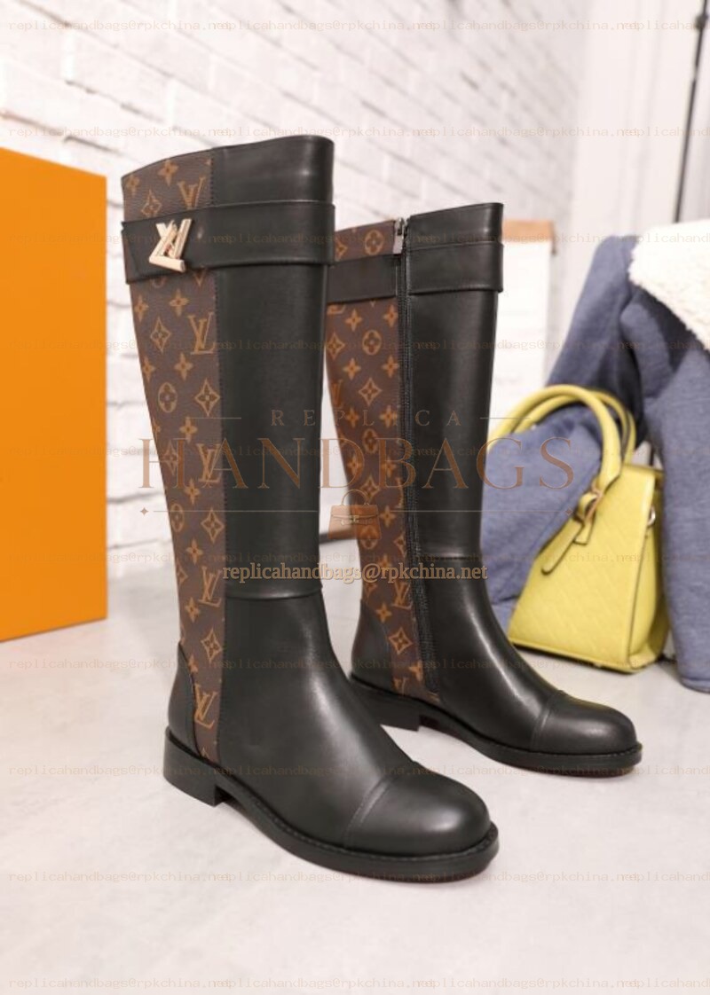 Replica Louis Vuitton Brown Monogram Black Knee-High Boots