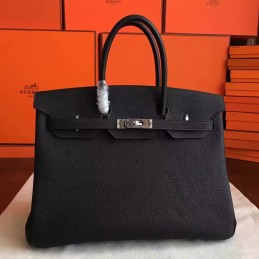 Replica Hermes Black Textured Leather Birkin 35 Palladium Hardware Bag