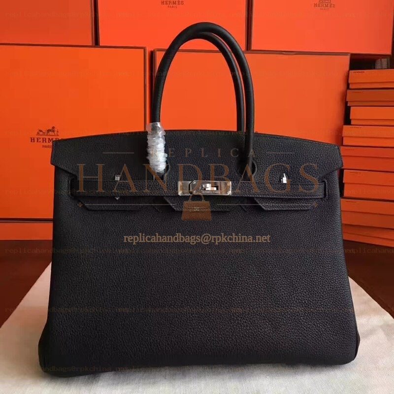 Replica Hermes Black Textured Leather Birkin 35 Palladium Hardware Bag