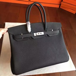 Replica Hermes Black Textured Leather Birkin 35 Palladium Hardware Bag
