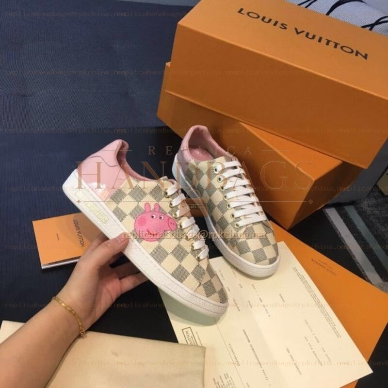 Replica Louis Vuitton Beige Check Pink Floral Sneakers
