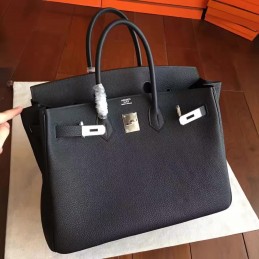 Replica Hermes Black Textured Leather Birkin 35 Palladium Hardware Bag