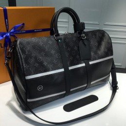Replica Louis Vuitton Black Monogram Eclipse Stripe Keepall Bandouliere 45