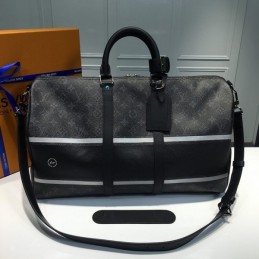 Replica Louis Vuitton Black Monogram Eclipse Stripe Keepall Bandouliere 45