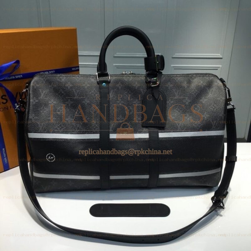 Replica Louis Vuitton Black Monogram Eclipse Stripe Keepall Bandouliere 45