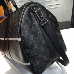 Replica Louis Vuitton Black Monogram Eclipse Stripe Keepall Bandouliere 45
