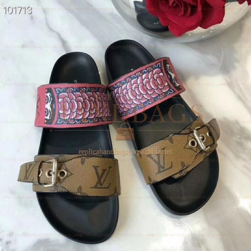 Replica Louis Vuitton Black Brown Monogram Bom Dia Flat Mule Sandals