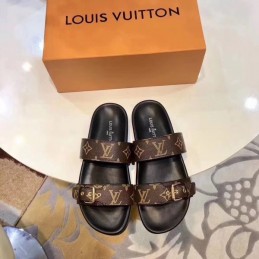 Replica Louis Vuitton Brown Monogram Black Bom Dia Flat Mule Sandals