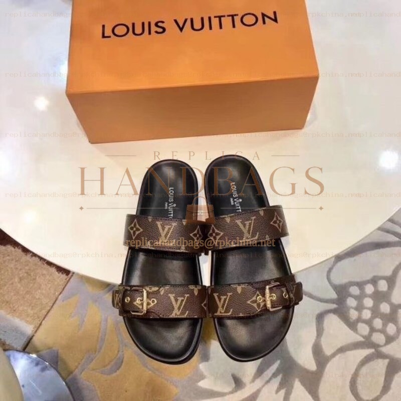 Replica Louis Vuitton Brown Monogram Black Bom Dia Flat Mule Sandals