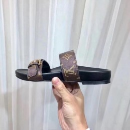Replica Louis Vuitton Brown Monogram Black Bom Dia Flat Mule Sandals