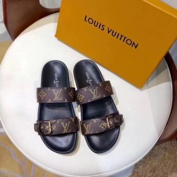 Replica Louis Vuitton Brown Monogram Black Bom Dia Flat Mule Sandals