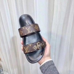 Replica Louis Vuitton Brown Monogram Black Bom Dia Flat Mule Sandals