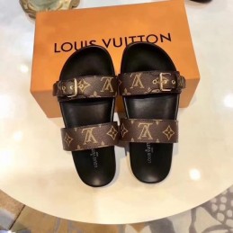 Replica Louis Vuitton Brown Monogram Black Bom Dia Flat Mule Sandals