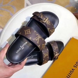 Replica Louis Vuitton Brown Monogram Black Bom Dia Flat Mule Sandals