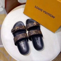 Replica Louis Vuitton Brown Monogram Black Bom Dia Flat Mule Sandals