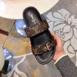 Replica Louis Vuitton Brown Monogram Black Bom Dia Flat Mule Sandals