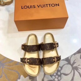 Replica Louis Vuitton Brown Monogram Gold Bom Dia Flat Mule Sandals