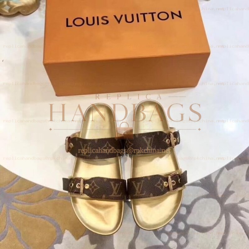 Replica Louis Vuitton Brown Monogram Gold Bom Dia Flat Mule Sandals