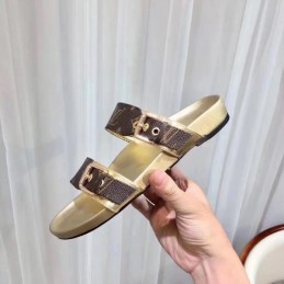 Replica Louis Vuitton Brown Monogram Gold Bom Dia Flat Mule Sandals
