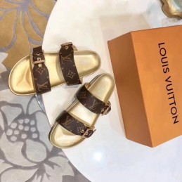 Replica Louis Vuitton Brown Monogram Gold Bom Dia Flat Mule Sandals