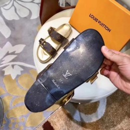 Replica Louis Vuitton Brown Monogram Gold Bom Dia Flat Mule Sandals