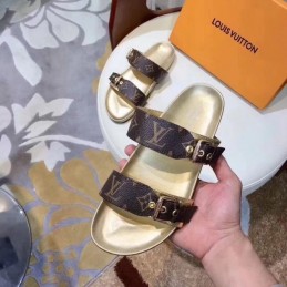 Replica Louis Vuitton Brown Monogram Gold Bom Dia Flat Mule Sandals