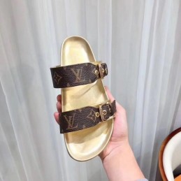 Replica Louis Vuitton Brown Monogram Gold Bom Dia Flat Mule Sandals