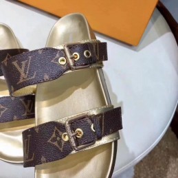 Replica Louis Vuitton Brown Monogram Gold Bom Dia Flat Mule Sandals