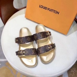 Replica Louis Vuitton Brown Monogram Gold Bom Dia Flat Mule Sandals