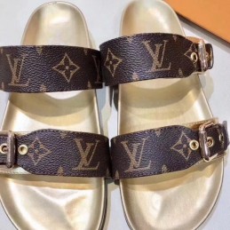Replica Louis Vuitton Brown Monogram Gold Bom Dia Flat Mule Sandals