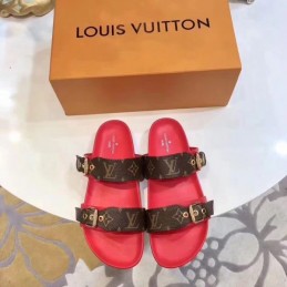 Replica Louis Vuitton Brown Monogram Red Bom Dia Flat Mule Sandals