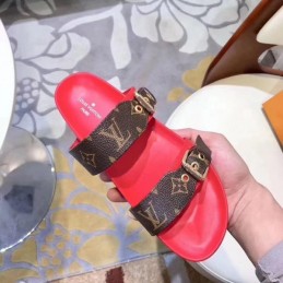 Replica Louis Vuitton Brown Monogram Red Bom Dia Flat Mule Sandals