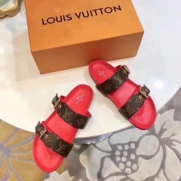Replica Louis Vuitton Brown Monogram Red Bom Dia Flat Mule Sandals